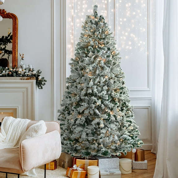 BaytoCare 7 ft Christmas Tree, Pre-lit Artificial Hinged Flocked Tree with 1000 Tips, 400 LED Lights, Snow Tips