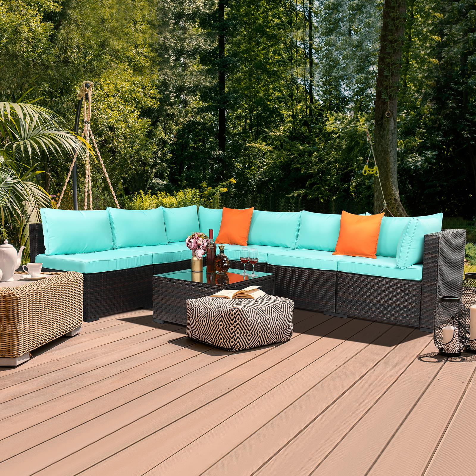 BaytoCare 7Pieces Rattan Wicker Patio Furniture Set Outdoor Sectional Couch Set Patio Conversation Set, Patio Sectional Set for Garden, Poolside, Deck