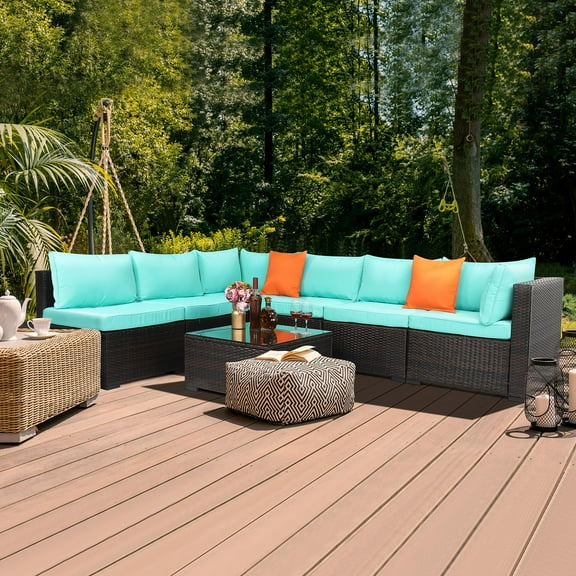 BaytoCare 7Pieces Rattan Wicker Patio Furniture Set Outdoor Sectional Couch Set Patio Conversation Set, Patio Sectional Set for Garden, Poolside, Deck