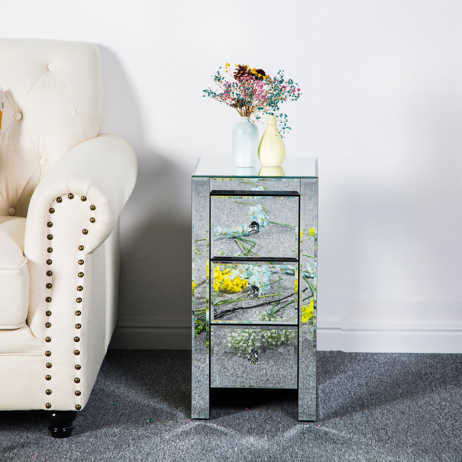 BaytoCare Nightstand with Mirror Base Section Modern Bedside Table Side ...