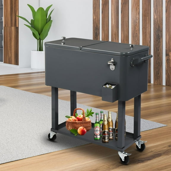 BaytoCare Trolley Spray Cooler Cart 80QT Ice Beer with Shelf Wheel, Frozen Warm Function, Gray