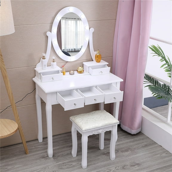 BaytoCare Vanity Set Wood Makeup Vanity Dressing Table and Stool Set with Lighted, Bedroom Furniture,White
