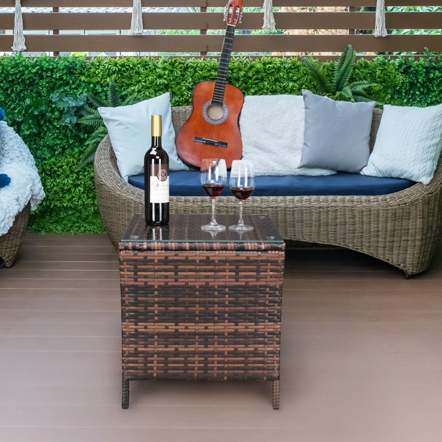 BaytoCare Wicker Porch Square Side Table With Storage, Patio Side Table
