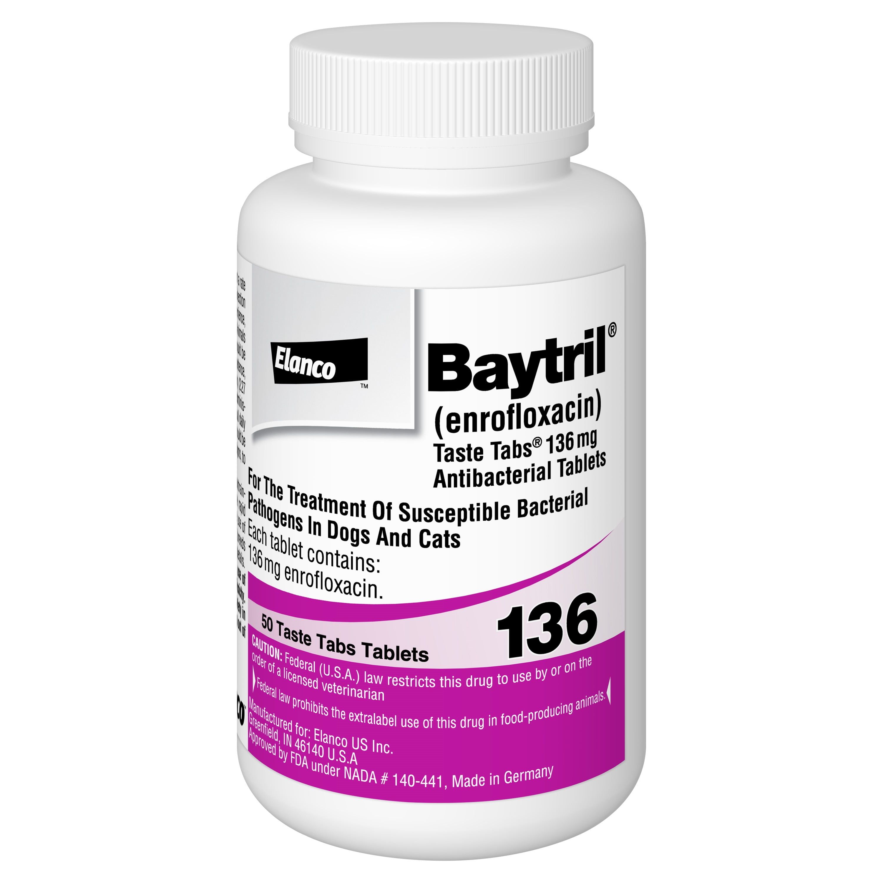 Baytril (Enrofloxacin) Flavored Chewable Taste Tabs for Dogs & Cats, 136mg