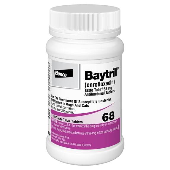 Baytril (Enrofloxacin) Flavored Chewable Taste Tabs for Dogs & Cats, 68mg
