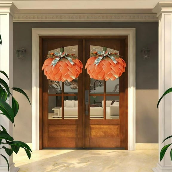 Baywell 15.7 inch Artificial Pumpkin Autumn Fall Wreath, 2 Pack Harvest Thanksgiving Door Wreath for Front Door with Pumpkins and Bow