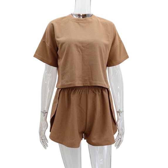 Baywell 2024 Women Casual Solid Color Set Round Neck Waistless Short Sleeve Top Sexy Crossover Shorts Two Piece Set S-XL
