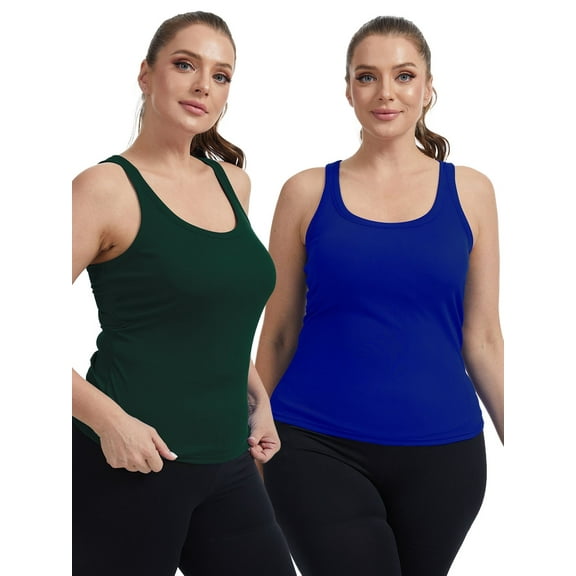 Baywell 2PCs Women Plus Size Tank Tops, Workout Vest with Padded Bra Casual Comfortable Ribbed Knit Sleeveless Tops