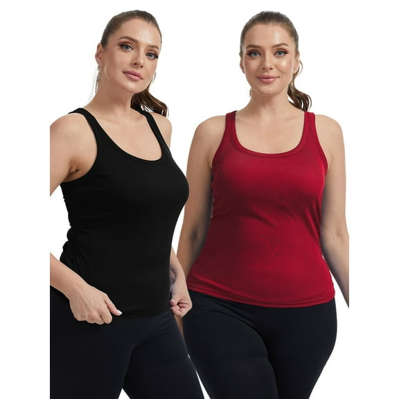 Baywell 2PCs Women Plus Size Tank Tops, Workout Vest with Padded Bra Casual Comfortable Ribbed Knit Sleeveless Tops