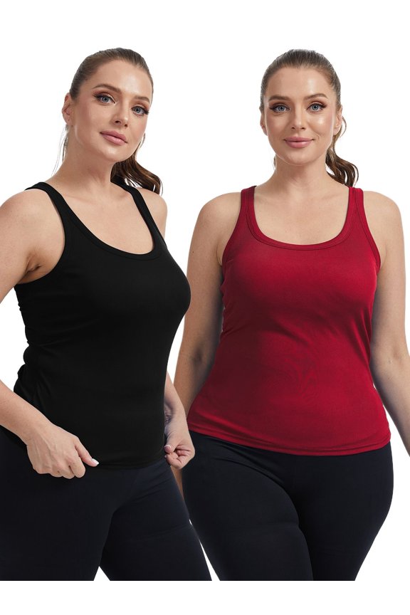 2PCs Women Plus Size Tank Tops, Workout Vest with Padded Bra Casual Comfortable Ribbed Knit Sleeveless Tops