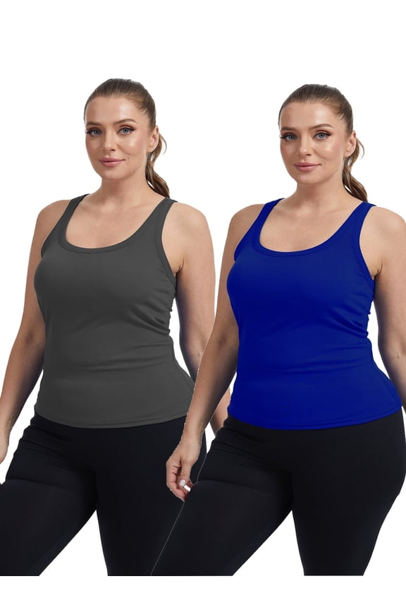 2PCs Women Plus Size Tank Tops, Workout Vest with Padded Bra Casual Comfortable Ribbed Knit Sleeveless Tops