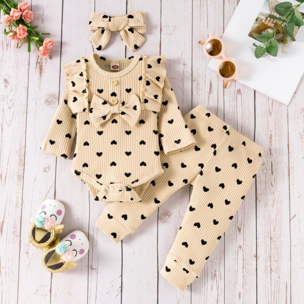 Baywell 3Pcs Baby Girl Outfit Set Newborn Toddler Girls Clothes Love  Printed Long Sleeve Bodysuit +Pants+Headband Clothing