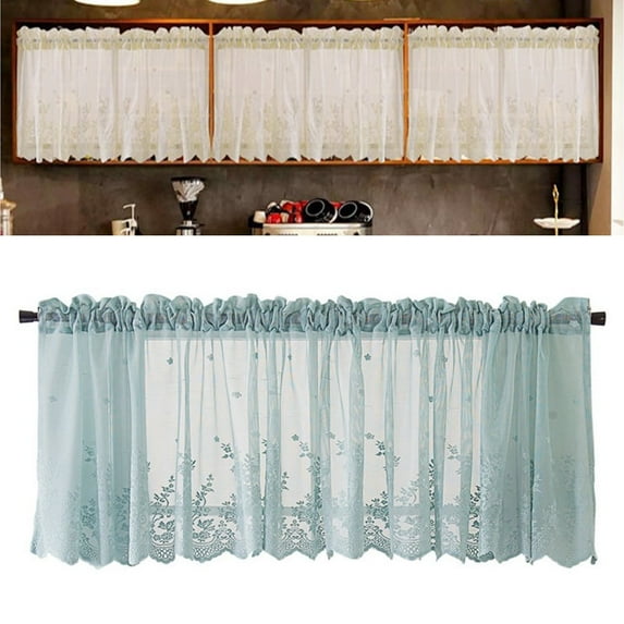 Baywell 53.9"*35.4" Lace Curtain for Kitchen Cafe Bookshelf, Embroidered Semi Sheer Curtain Valances, Blue (Only Curtain)