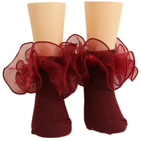 Baywell Baby Toddler Girls Ruffle Socks Lace Ruffle Frilly Princess Eyelet Cotton Ankle Dress Socks 3 Pairs for Little Kids Dark Red 0-10Y