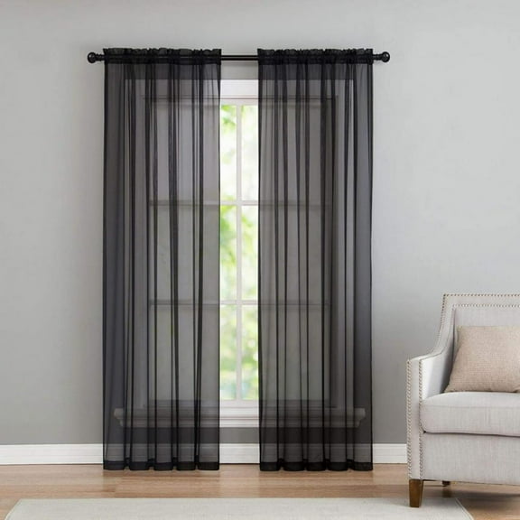 Baywell Black Semi Sheer Curtains 78 Inches Long for Living Room - Linen Look Bedroom Rod Pocket Voile Drapes, 39 by 78 Inch