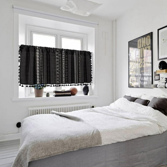 Baywell Boho Kitchen Curtains French Striped Farmhouse Vintage Chic Cotton Linen Tassel Short Cafe Curtains for Small Window Kitchen Bathroom Bohemian Decor