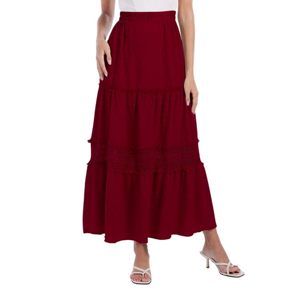 Baywell Boho Long Skirt for Women High Waist Swiss Dots Hollow Patchwork Swing Skirt Elastic Waisted Maxi Skirt S-2XL