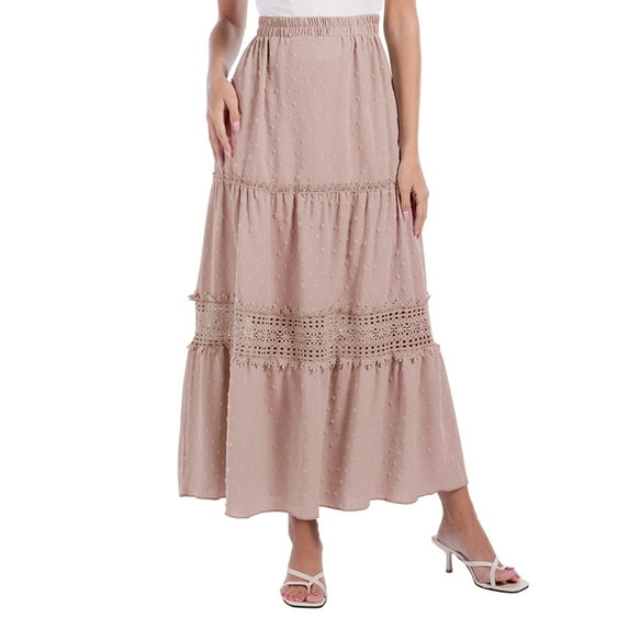 Baywell Boho Long Skirt for Women High Waist Swiss Dots Hollow Patchwork Swing Skirt Elastic Waisted Maxi Skirt S-2XL