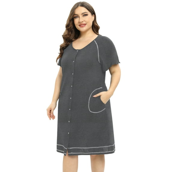 Baywell Button Down Nightgown Women's Short Sleeve Sleepshirt V Neck Sleepwear with Pocket Soild Nightshirt Plus Size Gray XL-4XL