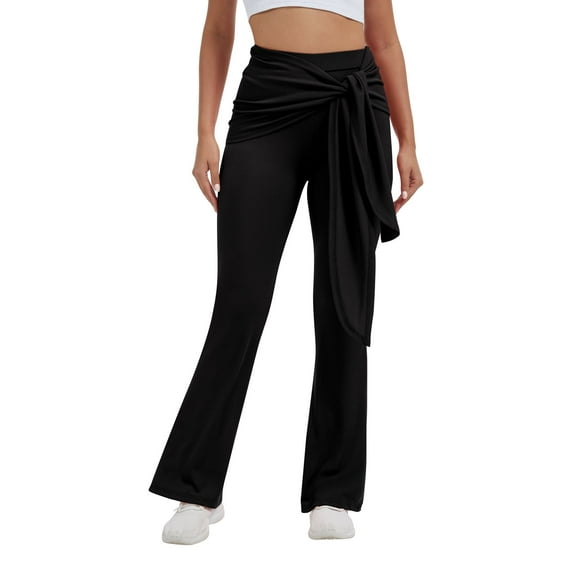 Baywell Women's High Waisted Tummy Control Yoga Pants - Ribbed Fabric Fake Two-Piece with Non-Detachable Skirt Ties, Stretch Bootcut Flare Leggings for Sport & Casual (S-2XL)