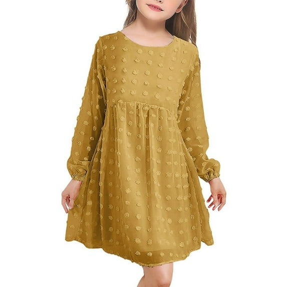 Baywell Girls Dresses Swiss Dot Long Sleeve Ruffle Collar Party Dress Casual Midi Dress for Kids Girl 4-13Y