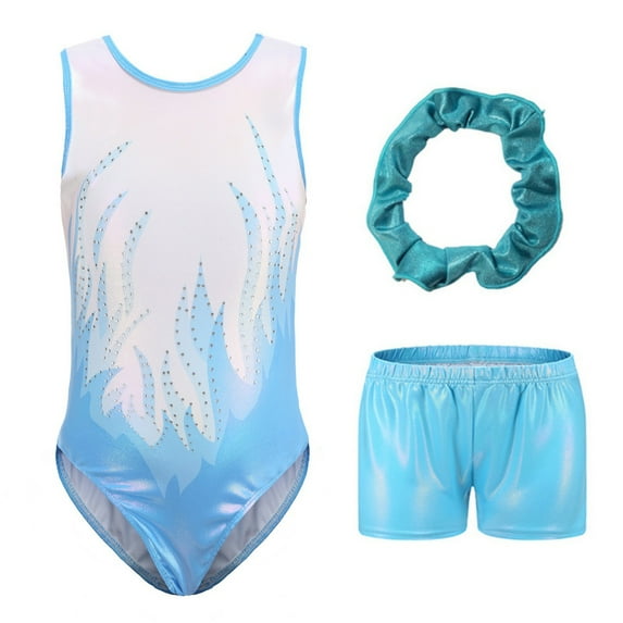 Baywell Girls Flame Sleeveless Athletic Dance Gymnastic Leotards Bodysuit Outfit with Short and Hair Ring 3pcs Set Lake Blue 5-12Y