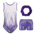 thumbnail image 1 of Baywell Girls Flame Sleeveless Athletic Dance Gymnastic Leotards Bodysuit Outfit with Short and Hair Ring 3pcs Set Light Purple 5-12Y, 1 of 11