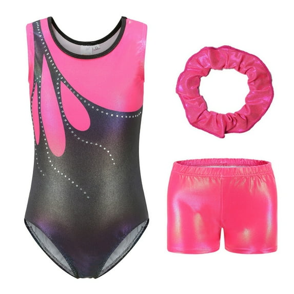 Baywell Girls Flame Sleeveless Athletic Dance Gymnastic Leotards Bodysuit Outfit with Short and Hair Ring 3pcs Set Rose Red 5-12Y