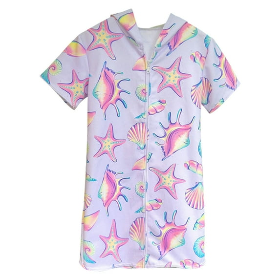 Baywell Girls Swim Cover Ups Kids Terry Short Sleeve Zip Up Beach Swimsuit Coverup Hooded Dress 3-12 Years