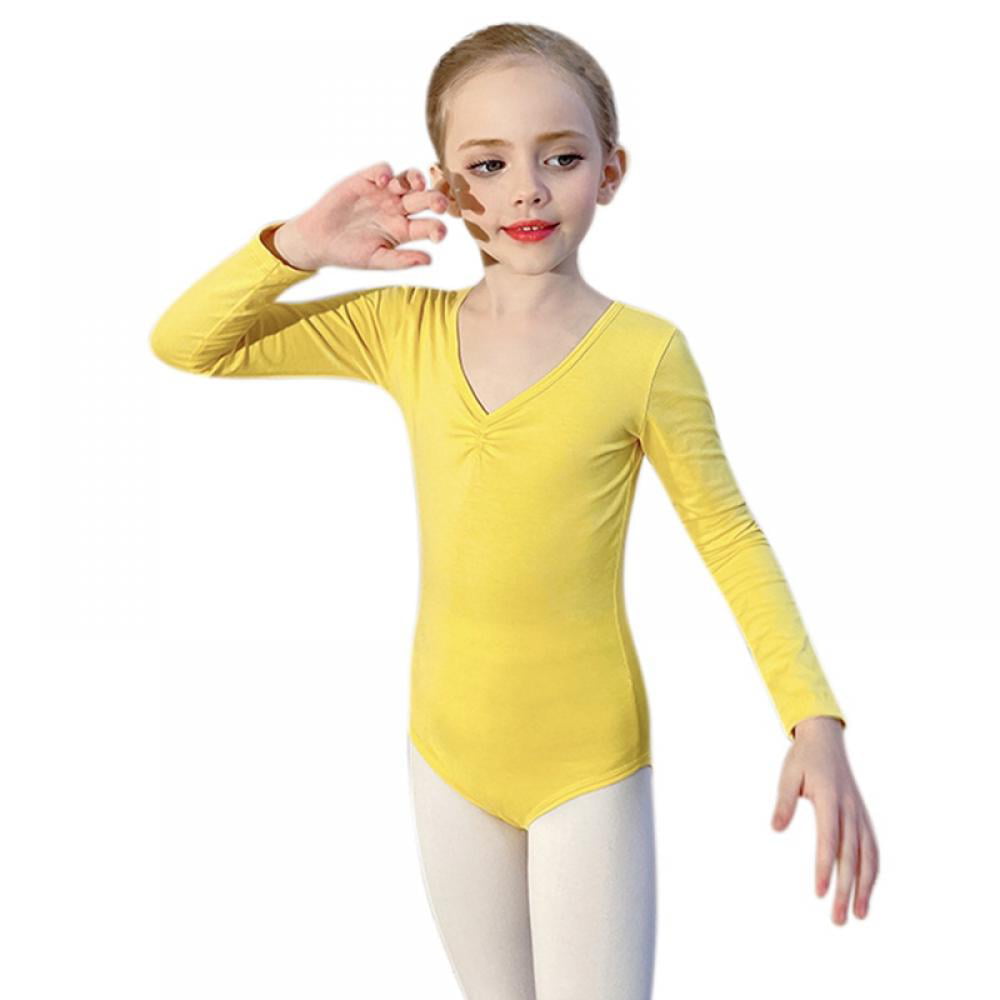 Baywell Gymnastics Leotards for Girls - Long Sleeve & Scoop Neck Leotard  for Girls Dance Yellow 3.28-5.4ft(Height)