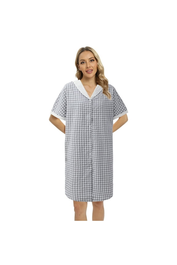 House Dress Women Cotton Duster Robe Short Sleeve Housecoat Button Down Nightgown Gray S-2XL