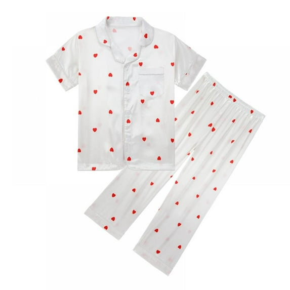 Baywell Kids Satin Short Sleeve Top and Long Pants 2-Pieces Pajamas Sleepwears Set Button Down PJs Sets Soft Lounge Sets Short Sleeve Sleepwear 5-14T