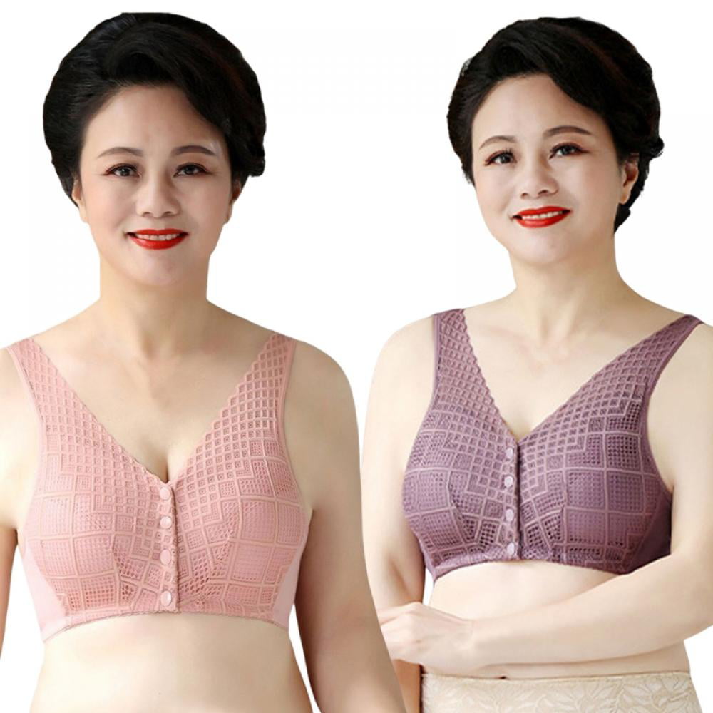 Baywell Lace Front Snap Closure Bra for Elderly Women Wireless Wide Strap  Vest Plus Size Bra Breathable Comfort Everyday Bra Push Up Full Coverage