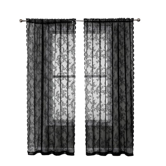 Baywell Lace Gauze Curtain Pastoral Black Semi-Blackout Finished Curtain, Home Bedroom Living Room Lace, Dust and Wrinkle Resistant