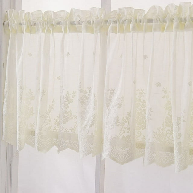 Baywell Lace Kitchen Valances Curtains Vintage Semi-Sheer Voile Window Valance 51.2in/53.9in Length, Lace Floral Embroidered Short Valance Curtain Swags for Small Window Living Room Bedroom