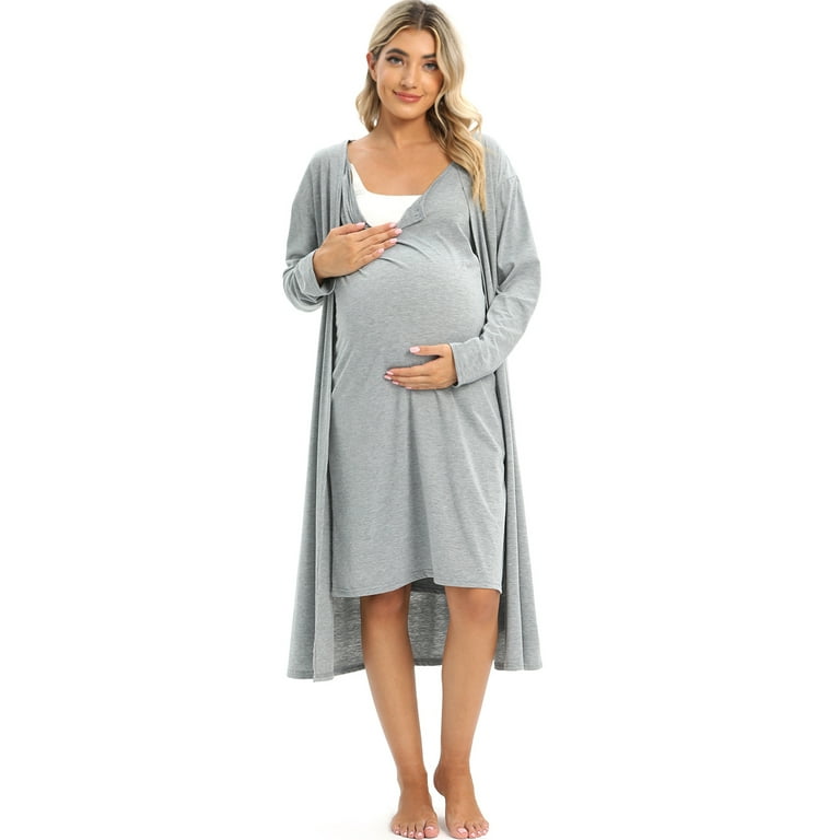 Baywell Maternity Nurisng Nightgown Robe Set 3 in 1 Labor/Delivery/Hospital  Gown Button Down Breastfeeding Sleepwear Long Sleeve Belt Robe with