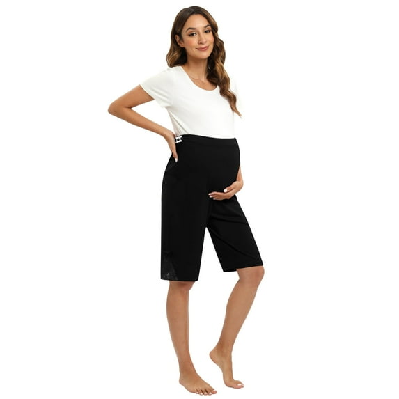 Baywell Maternity Shorts Over The Belly Workout Loose Casual Pregnancy Pants with Adjustable Band Black S-3XL
