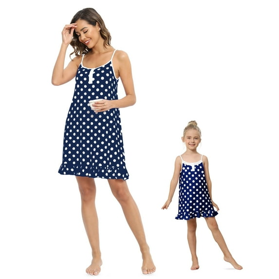 Baywell Mommy and Me Pajama Dress Polka Dots Nightgown Sleepwear Button Down Sleeveless Cami Nightshirt Mother and Daughter Adjustable Strap Tank Nightdress Above Knee Length Sleep Dress