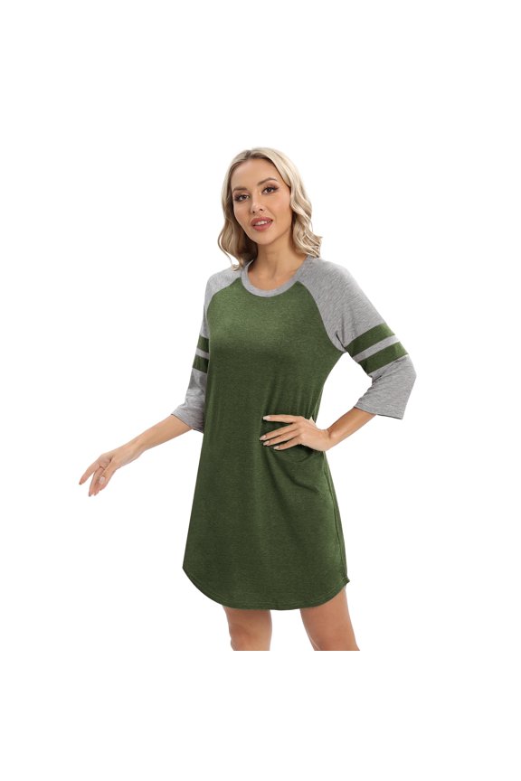 Nightgown 3/4 Sleeve for Women Sleepwear Crew Neck Loungewear Aboce The Knee Length Nightshirt Green S-2XL