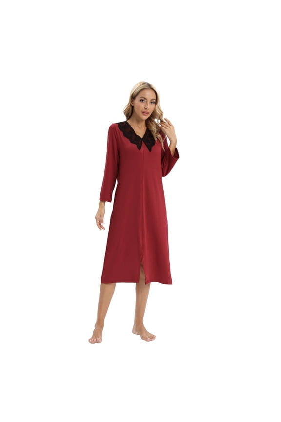 Nightgown Womens Long Sleeve Nightdress V Neck Sleepwear Soft Long Nightshirt Casual Loose Sleepshirt Lounge Dress, S-2XL