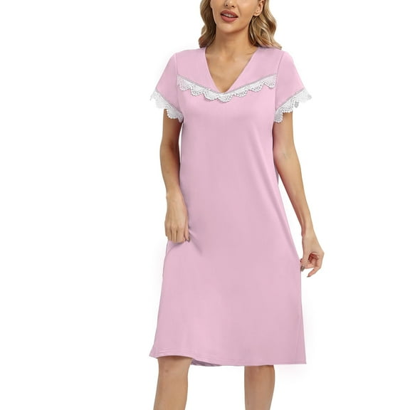 Baywell Nightgown for Women Short Sleeve Nightshirt Sleepwear V Neck Lace Nightdress Soft Cozy Loungewear, S-2XL