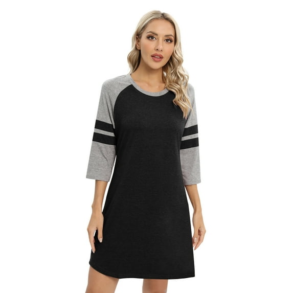 Baywell Nightgowns for Women Sleepshirt Raglan 3/4 Sleeve Pajama Shirt Soft Sleep Dress Striped Loungewear Nightshirt Black S-2XL