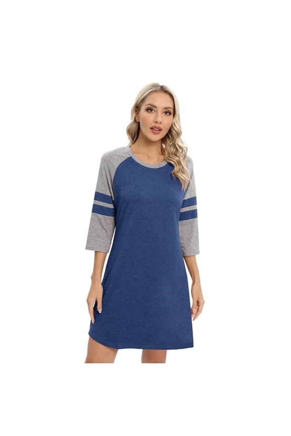 Nightgowns for Women Sleepshirt Raglan 3/4 Sleeve Pajama Shirt Soft Sleep Dress Striped Loungewear Nightshirt Blue S-2XL