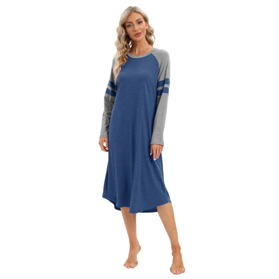 Baywell Nightgowns for Women Sleepshirt Raglan Long Sleeve Pajama Shirt Soft Sleep Dress Striped Loungewear Nightshirt Blue S-2XL