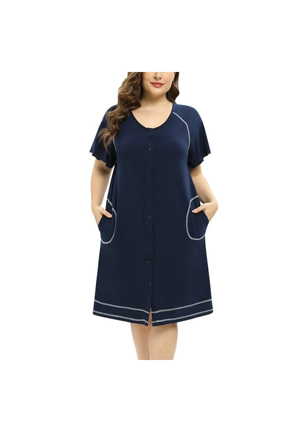 Plus Size House Dress for Women Button Front Housecoat with Pockets Short Sleeve Nightgwon Sleepwear Oversized Loose Casual Night Shirt Plus Size Short Robe, XL-4XL