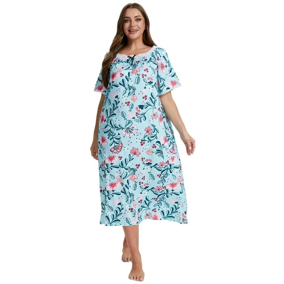 Baywell Plus Size Nightgows for Women Soft Cotton Casual Print Long Nightdress Short Sleeve U-neck House Dresses Sleepwear,XL-5XL