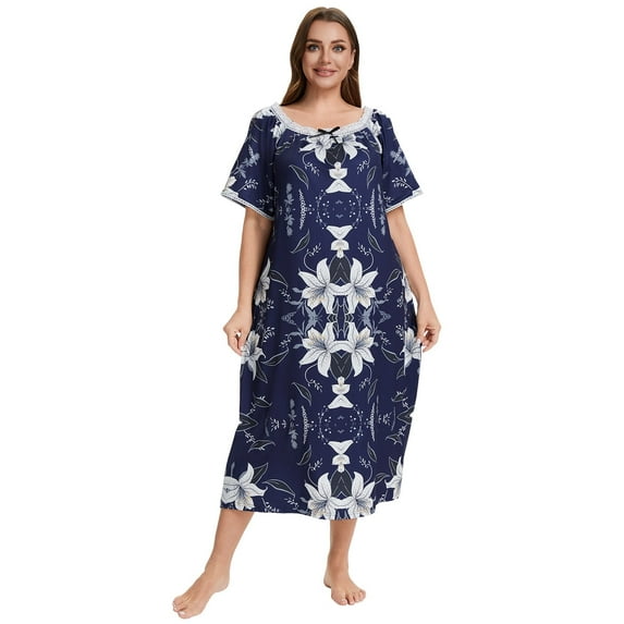 Baywell Plus Size Nightgows for Women Soft Cotton Casual Print Long Nightdress Short Sleeve U-neck House Dresses Sleepwear,XL-5XL