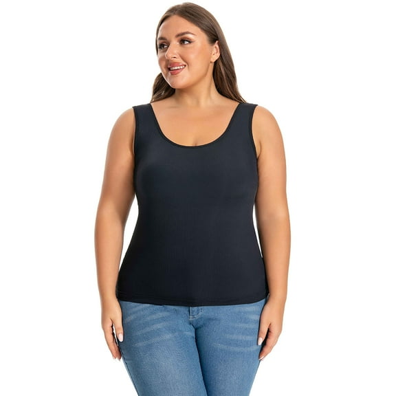 Baywell Plus Size Tank Top with Built in Bra for Women Casual Wide Strap Layer Camisole Sleevless Scoop Neck Cami Tank Slim Undershirts XL-4XL