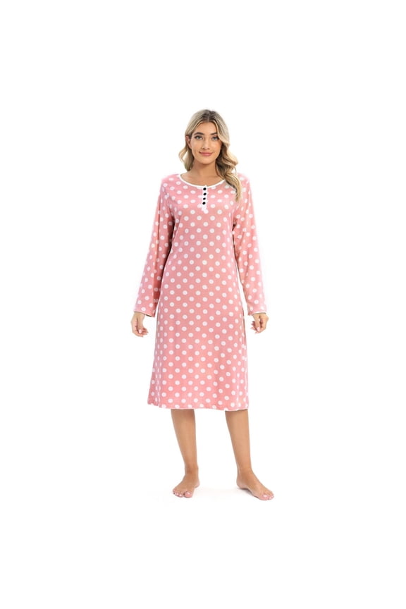 Polka Dot Nightgowns for Women Soft Cotton Sleepwear O Neck House Dress Long Sleeve Comfy Night Dress for Ladies, Pink, US 8