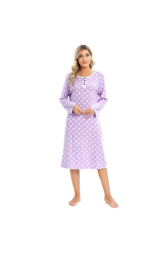 Polka Dot Nightgowns for Women Soft Cotton Sleepwear O Neck House Dress Long Sleeve Comfy Night Dress for Ladies, Purple, US 10
